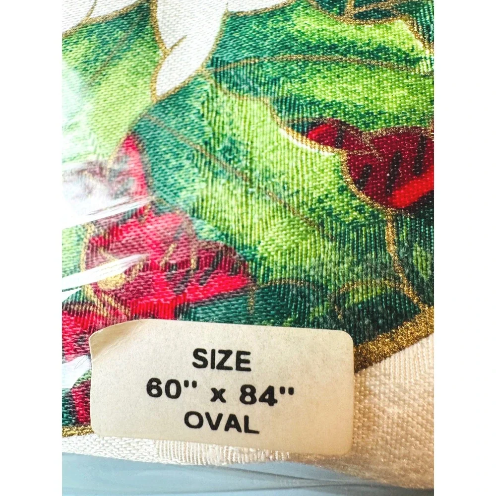 Lenox Holiday Nouveau Tablecloth White Ivory Oval 60x84 Holly Berry Plaid Ribbon